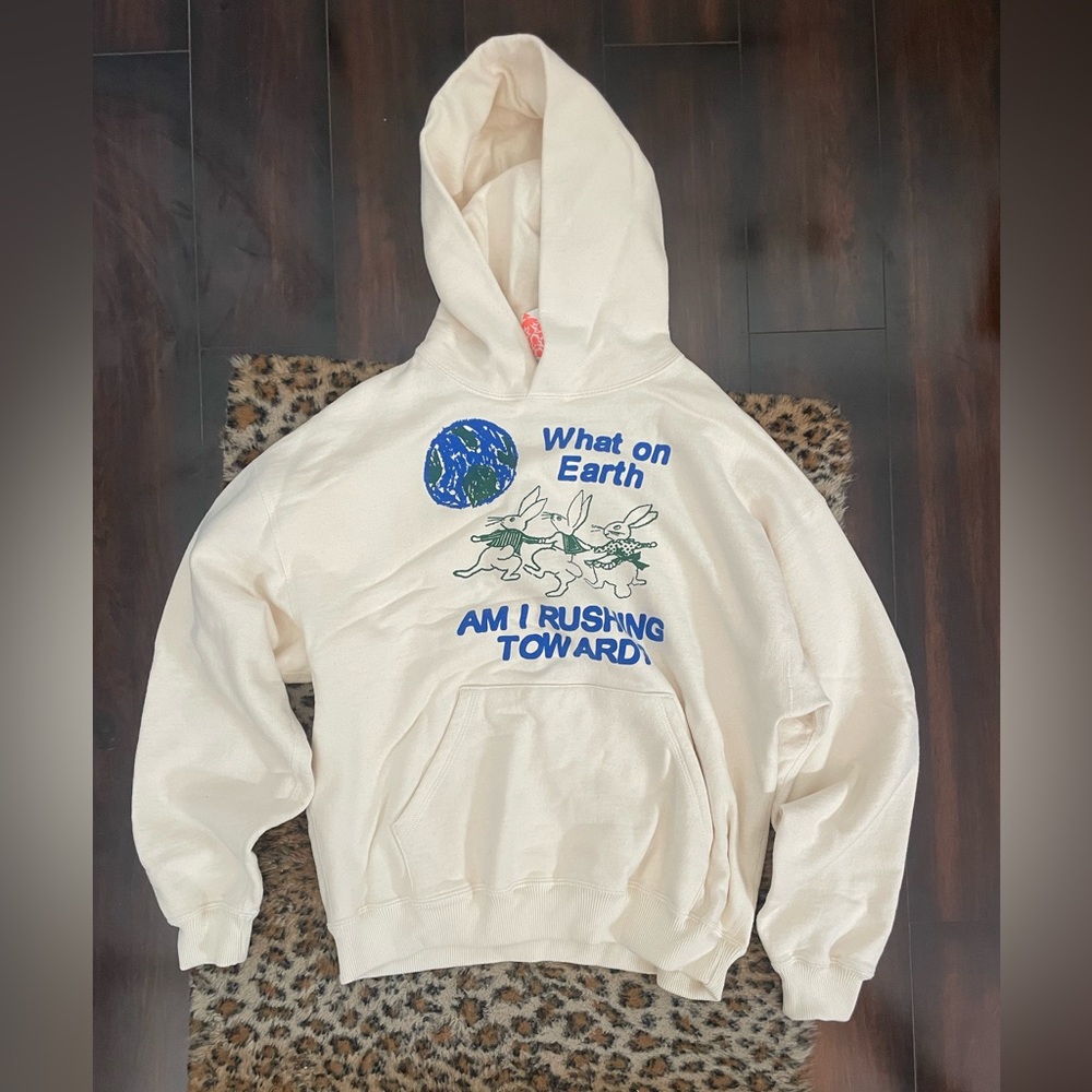 Free People Cream Hoodie with Blue Graphic - Picture 2 of 8
